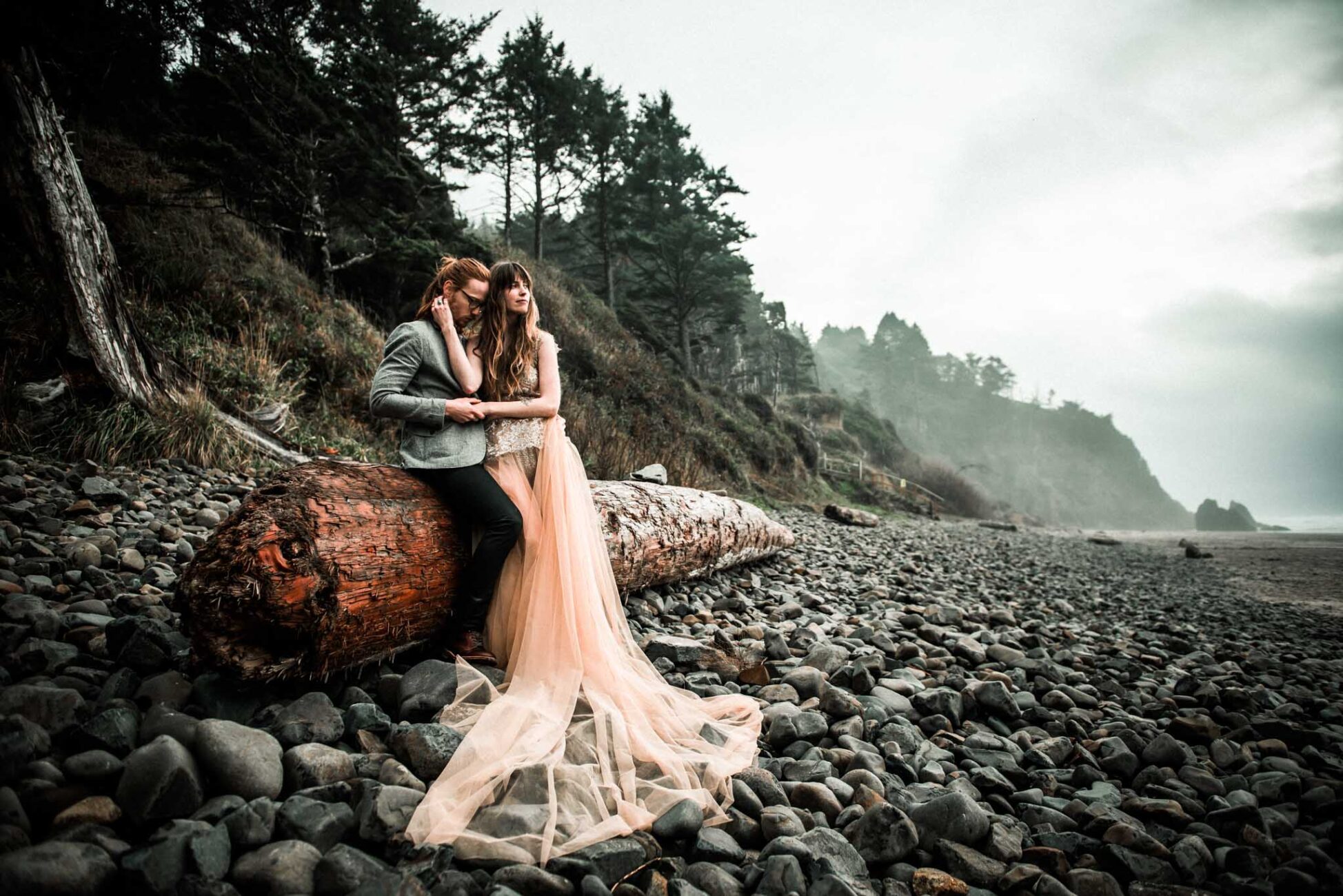 Engaged couples session portraits during a moody PNW day on Cannon Beach along the Oregon Coast