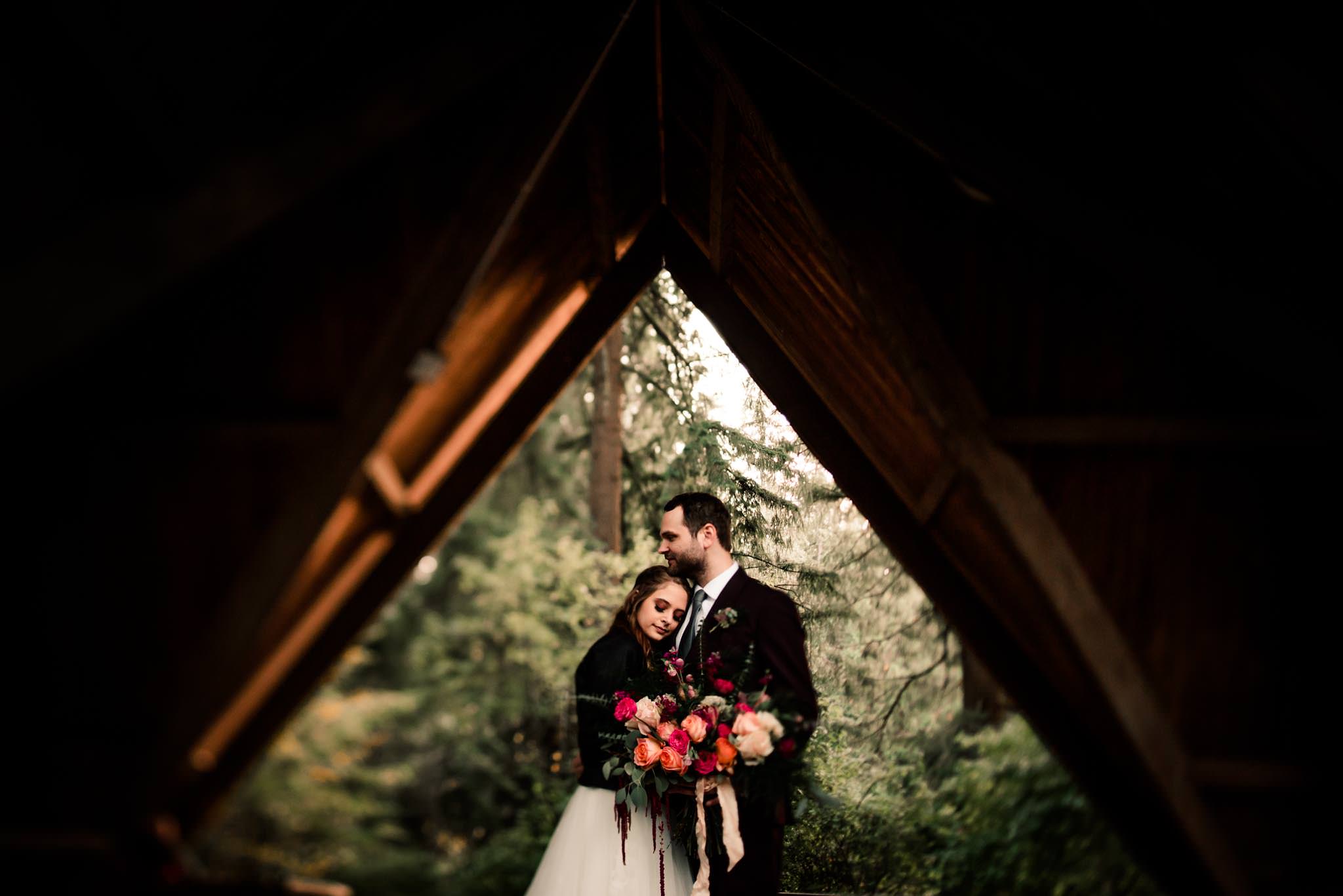 Oregon Wedding Photographer bride and groom portraits taken at the Hoyt Arboretum under the pavilion