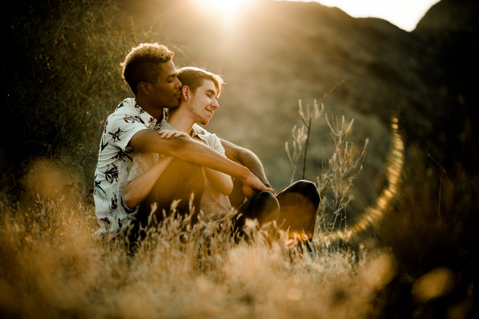 Gold Canyon lgbtq+ same sex couple engagement session in Arizona foothills during golden hour